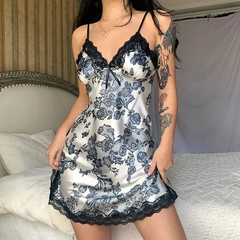 Sexy Hollow Out Lace Strap Nightgown Women Sleepwear Embroidery Flower Robe Silky Satin Nightdress Home Wear Intimate Lingerie - A-1 Thread Vault