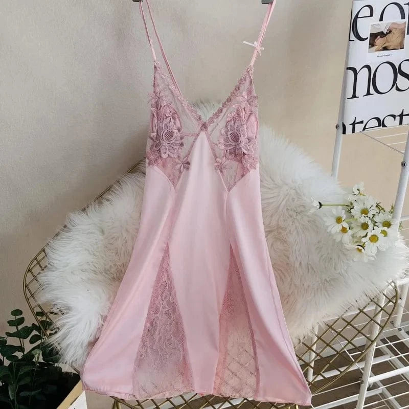 Sexy Hollow Out Lace Strap Nightgown Women Sleepwear Embroidery Flower Robe Silky Satin Nightdress Home Wear Intimate Lingerie - A-1 Thread Vault