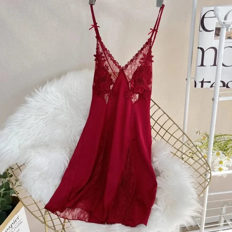 Sexy Hollow Out Lace Strap Nightgown Women Sleepwear Embroidery Flower Robe Silky Satin Nightdress Home Wear Intimate Lingerie - A-1 Thread Vault