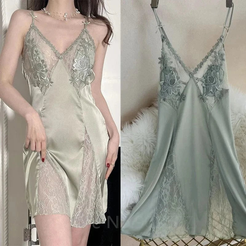Sexy Hollow Out Lace Strap Nightgown Women Sleepwear Embroidery Flower Robe Silky Satin Nightdress Home Wear Intimate Lingerie - A-1 Thread Vault