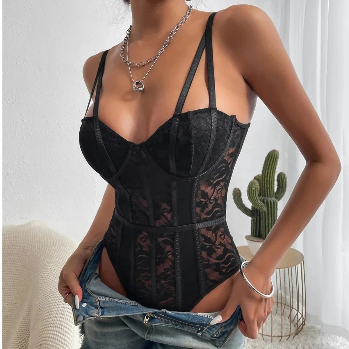 Sexy Lace Bodysuit for Women Bodies Elegant Women's Top 2025 New Summer Solid Bodycon Ribbed Bodysuits - A-1 Thread Vault