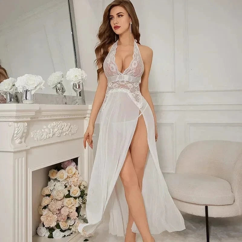 Sexy Lace Mesh Slit Night Dress Backless Strap Long Skirt Women Nightgowns Sexy Lingerie Women's Pajamas Long Dress - A-1 Thread Vault