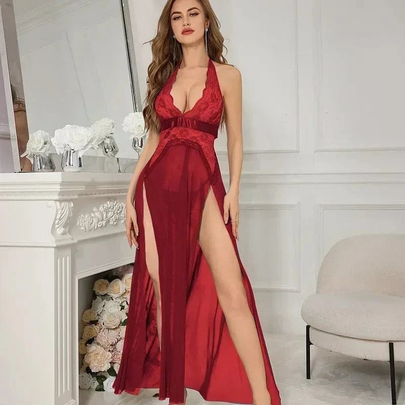 Sexy Lace Mesh Slit Night Dress Backless Strap Long Skirt Women Nightgowns Sexy Lingerie Women's Pajamas Long Dress - A-1 Thread Vault