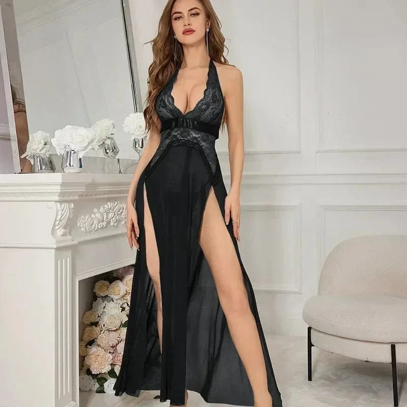 Sexy Lace Mesh Slit Night Dress Backless Strap Long Skirt Women Nightgowns Sexy Lingerie Women's Pajamas Long Dress - A-1 Thread Vault