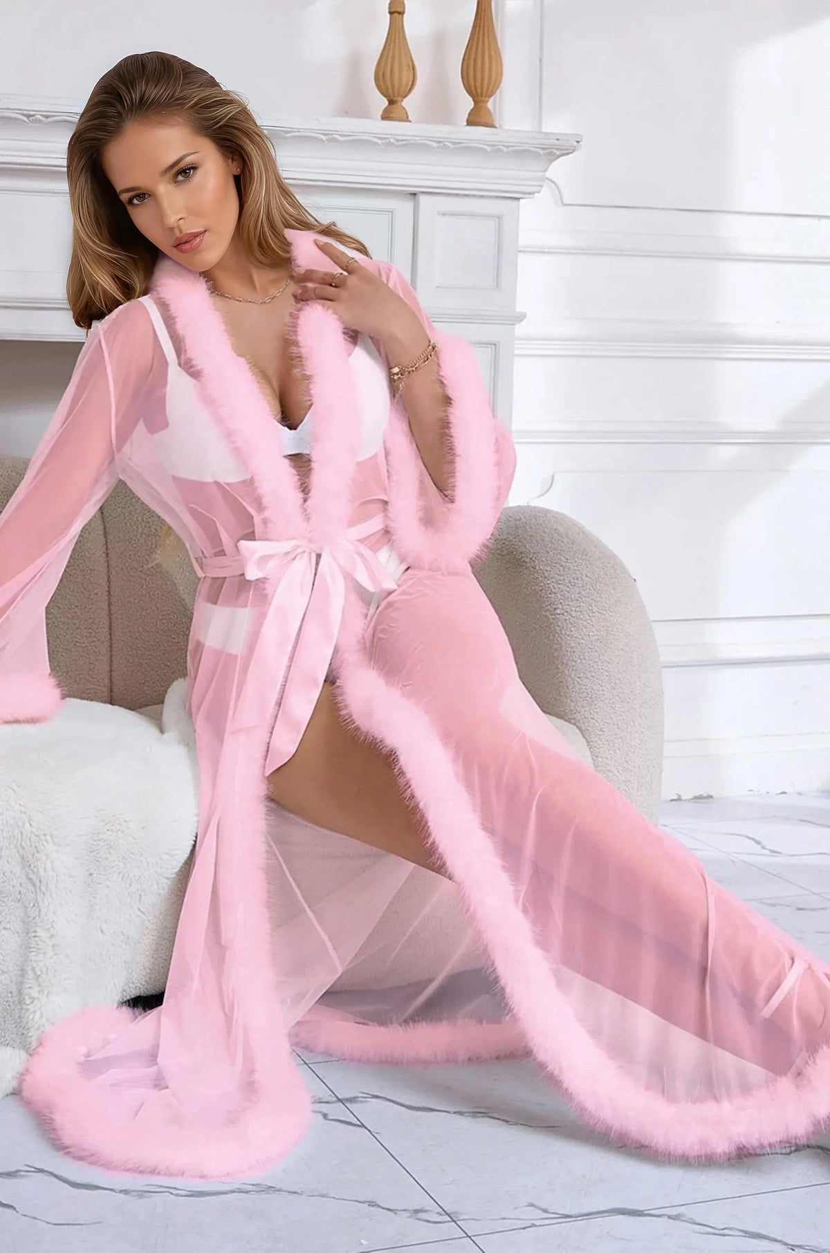 Sexy Mesh and Faux Fur Trim Robe - A-1 Thread Vault