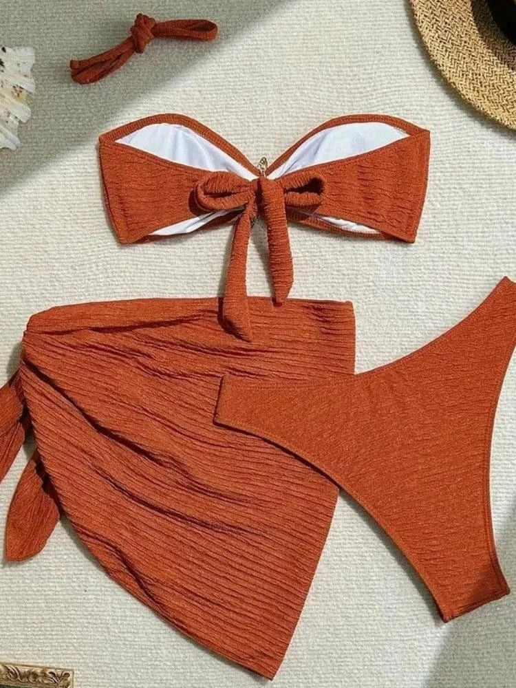 Sexy Metal Starfish Bikinis Set Women Brown Bandeau Push Up Mesh Skirt 3 Piece Swimsuit 2025 Beach Bathing Suit Holiday Swimwear - A-1 Thread Vault