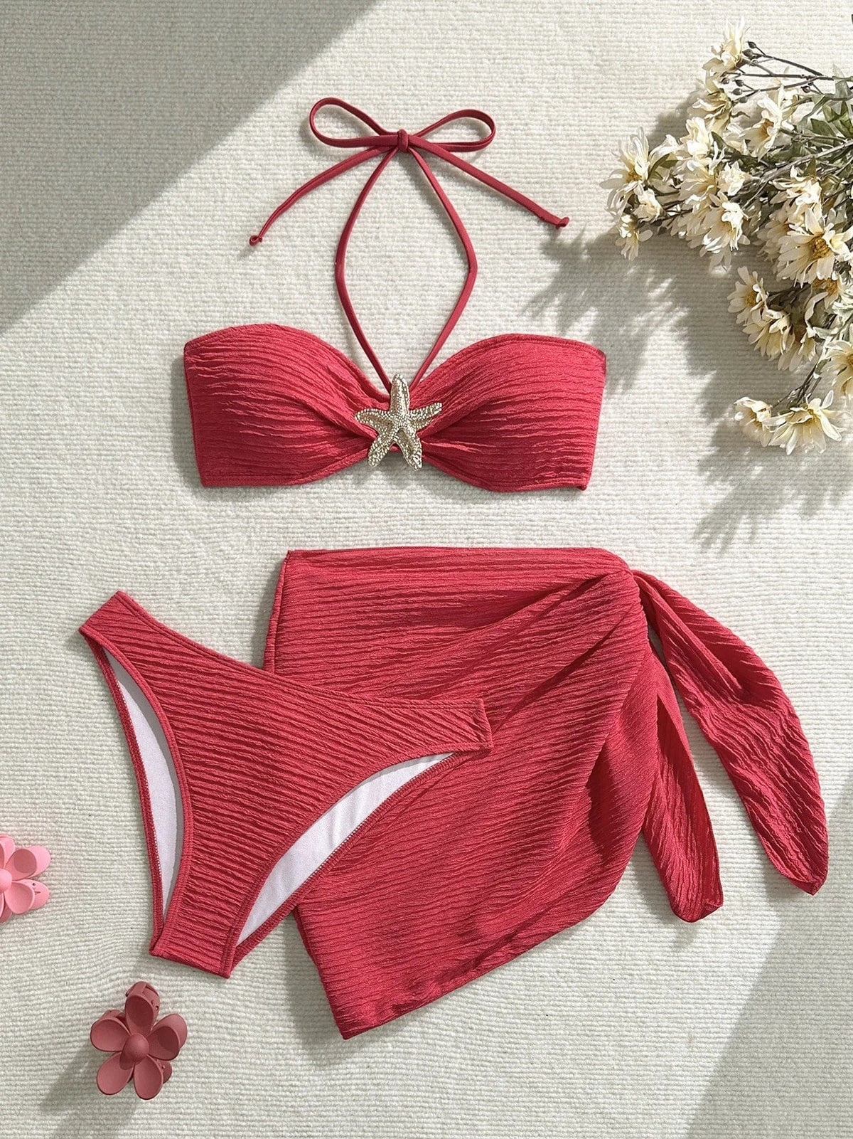 Sexy Metal Starfish Bikinis Set Women Brown Bandeau Push Up Mesh Skirt 3 Piece Swimsuit 2025 Beach Bathing Suit Holiday Swimwear - A-1 Thread Vault