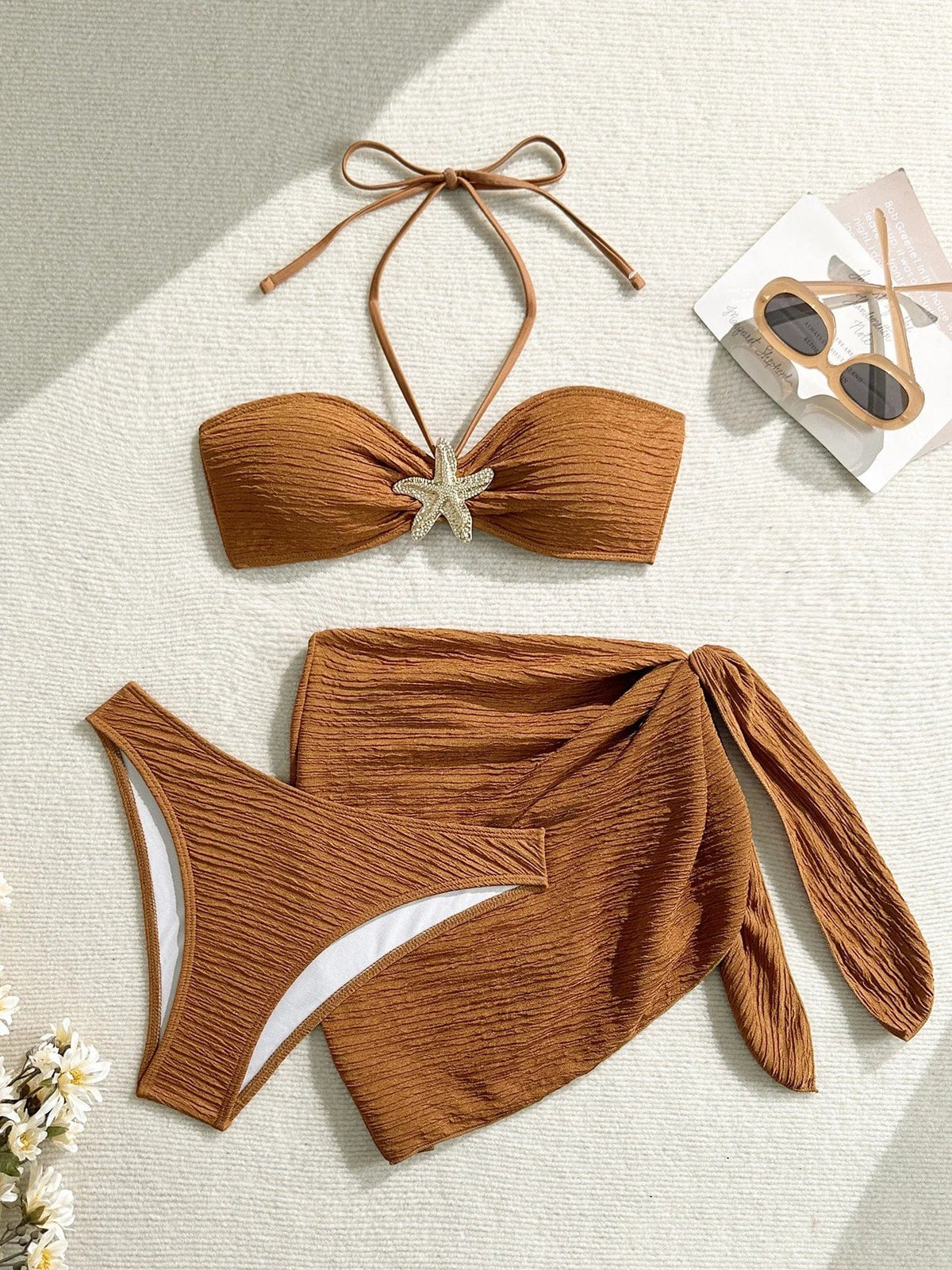 Sexy Metal Starfish Bikinis Set Women Brown Bandeau Push Up Mesh Skirt 3 Piece Swimsuit 2025 Beach Bathing Suit Holiday Swimwear - A-1 Thread Vault