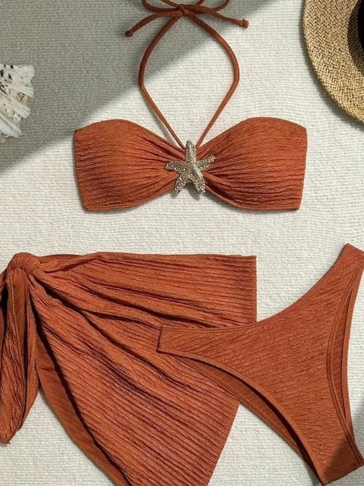 Sexy Metal Starfish Bikinis Set Women Brown Bandeau Push Up Mesh Skirt 3 Piece Swimsuit 2025 Beach Bathing Suit Holiday Swimwear - A-1 Thread Vault