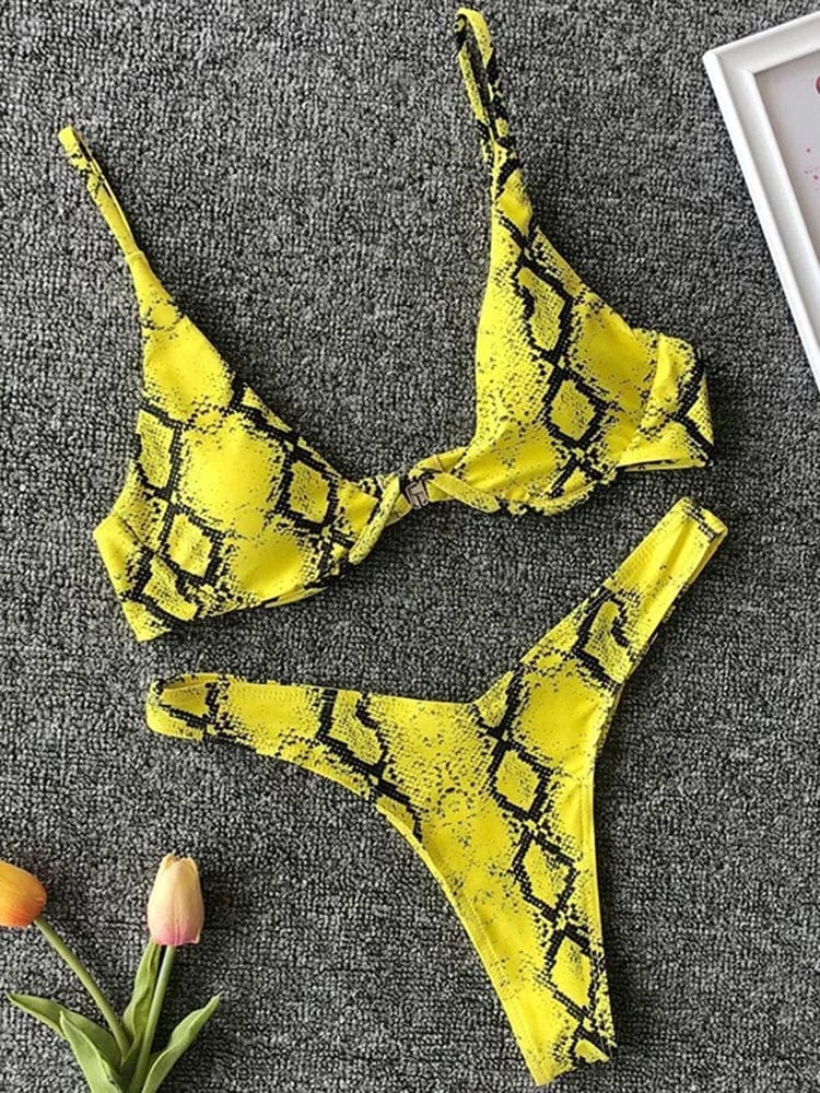 Sexy Neon V-bar Underwired Bikini 2025 Female Ribbed Swimsuit Women Thong Swimwear Two-pieces Bikini set Push up Bathing Suit - A-1 Thread Vault