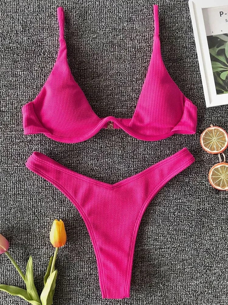 Sexy Neon V-bar Underwired Bikini 2025 Female Ribbed Swimsuit Women Thong Swimwear Two-pieces Bikini set Push up Bathing Suit - A-1 Thread Vault