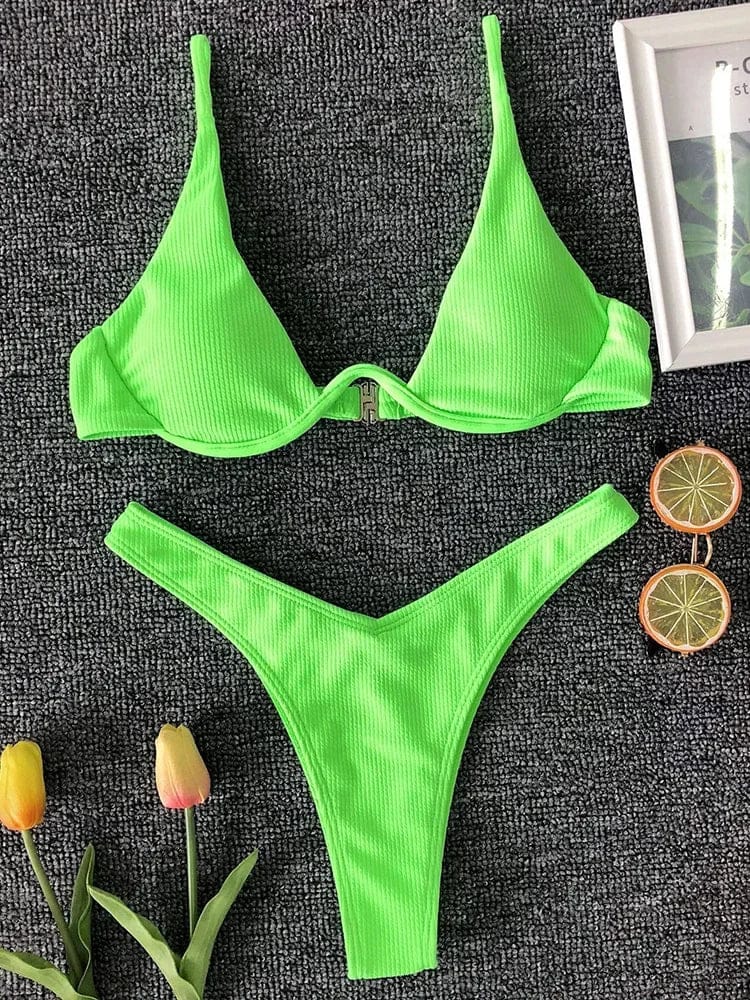Sexy Neon V-bar Underwired Bikini 2025 Female Ribbed Swimsuit Women Thong Swimwear Two-pieces Bikini set Push up Bathing Suit - A-1 Thread Vault