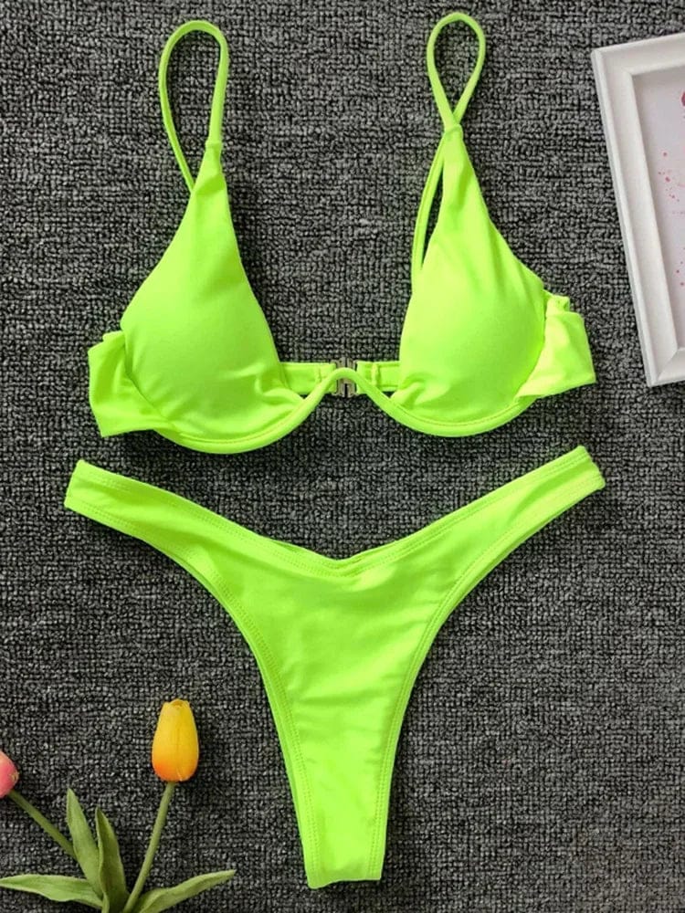 Sexy Neon V-bar Underwired Bikini 2025 Female Ribbed Swimsuit Women Thong Swimwear Two-pieces Bikini set Push up Bathing Suit - A-1 Thread Vault