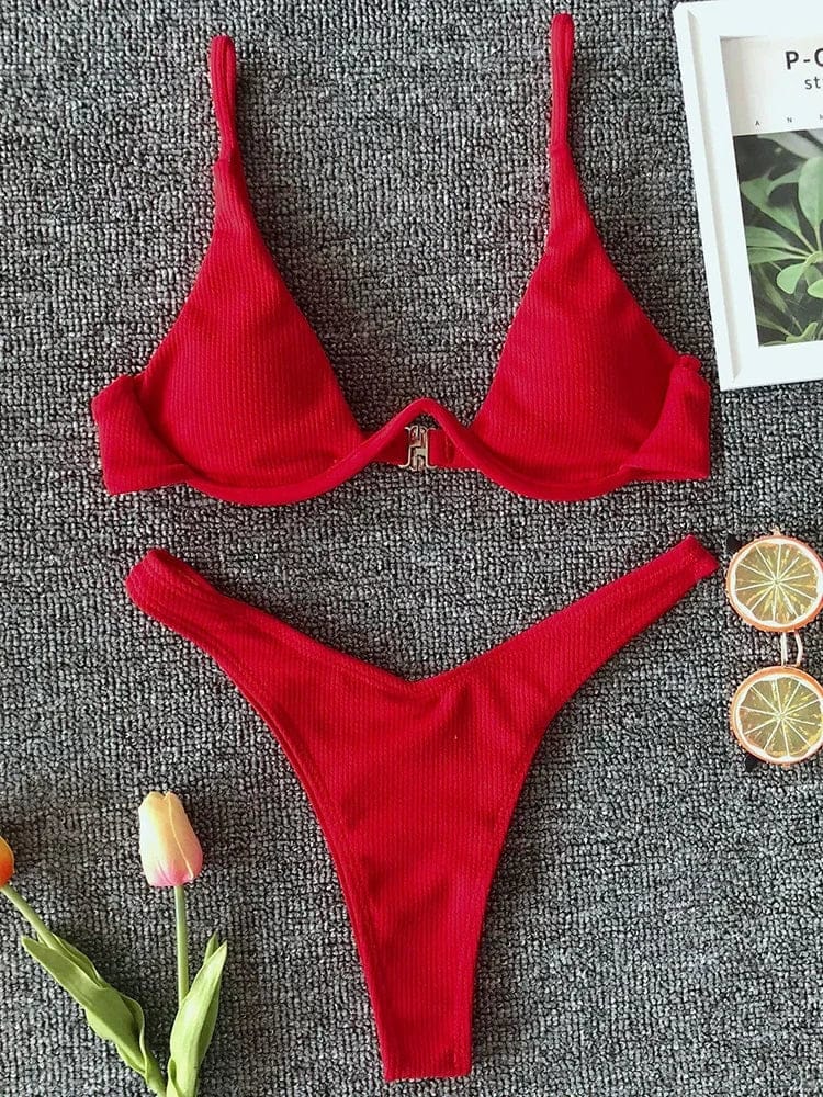 Sexy Neon V-bar Underwired Bikini 2025 Female Ribbed Swimsuit Women Thong Swimwear Two-pieces Bikini set Push up Bathing Suit - A-1 Thread Vault