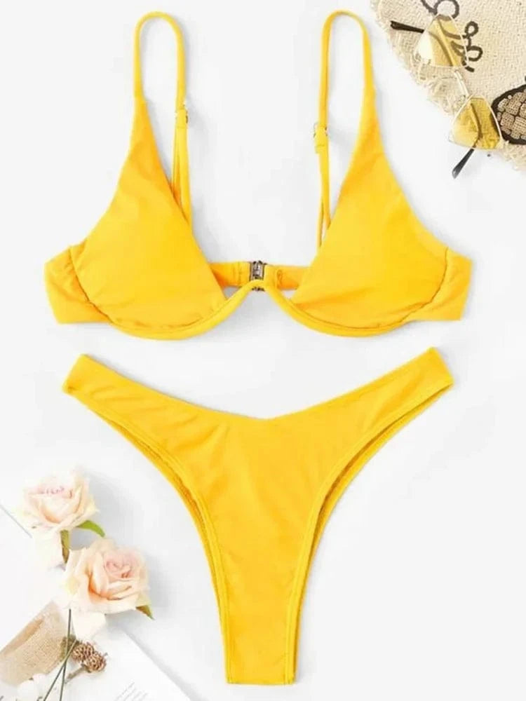 Sexy Neon V-bar Underwired Bikini 2025 Female Ribbed Swimsuit Women Thong Swimwear Two-pieces Bikini set Push up Bathing Suit - A-1 Thread Vault