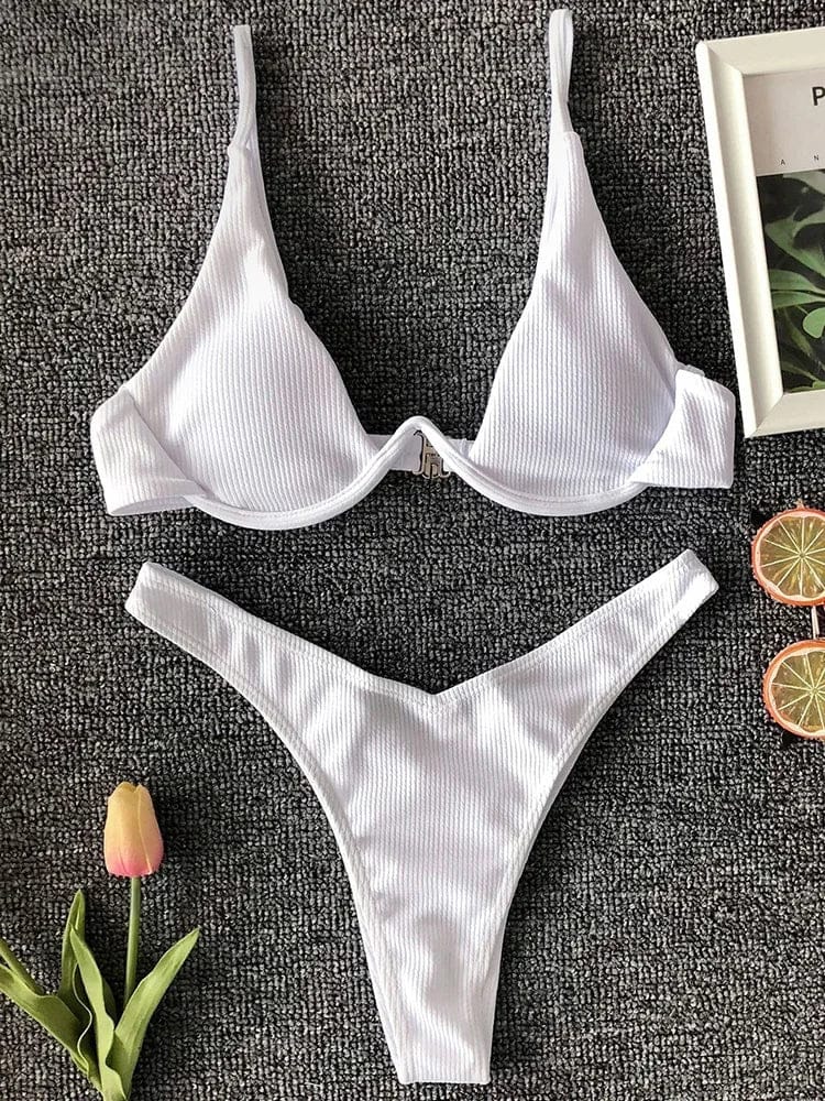 Sexy Neon V-bar Underwired Bikini 2025 Female Ribbed Swimsuit Women Thong Swimwear Two-pieces Bikini set Push up Bathing Suit - A-1 Thread Vault