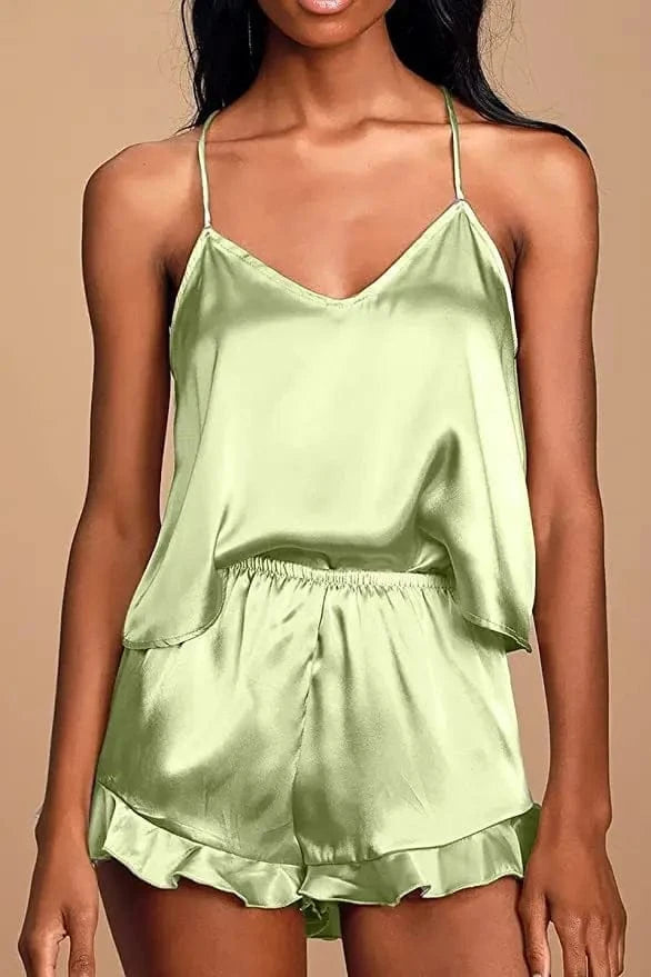 Sexy Silk Satin Pajama Set for Women – V-Neck Cami Top and Ruffled Shorts Bridal Lingerie, Perfect for Nightwear - A-1 Thread Vault