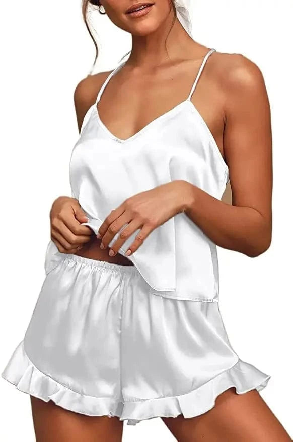 Sexy Silk Satin Pajama Set for Women – V-Neck Cami Top and Ruffled Shorts Bridal Lingerie, Perfect for Nightwear - A-1 Thread Vault