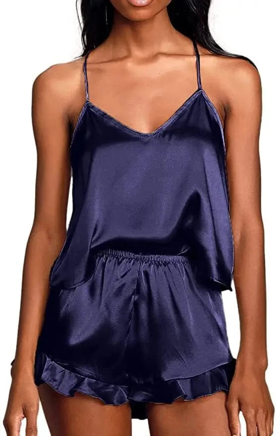 Sexy Silk Satin Pajama Set for Women – V-Neck Cami Top and Ruffled Shorts Bridal Lingerie, Perfect for Nightwear - A-1 Thread Vault