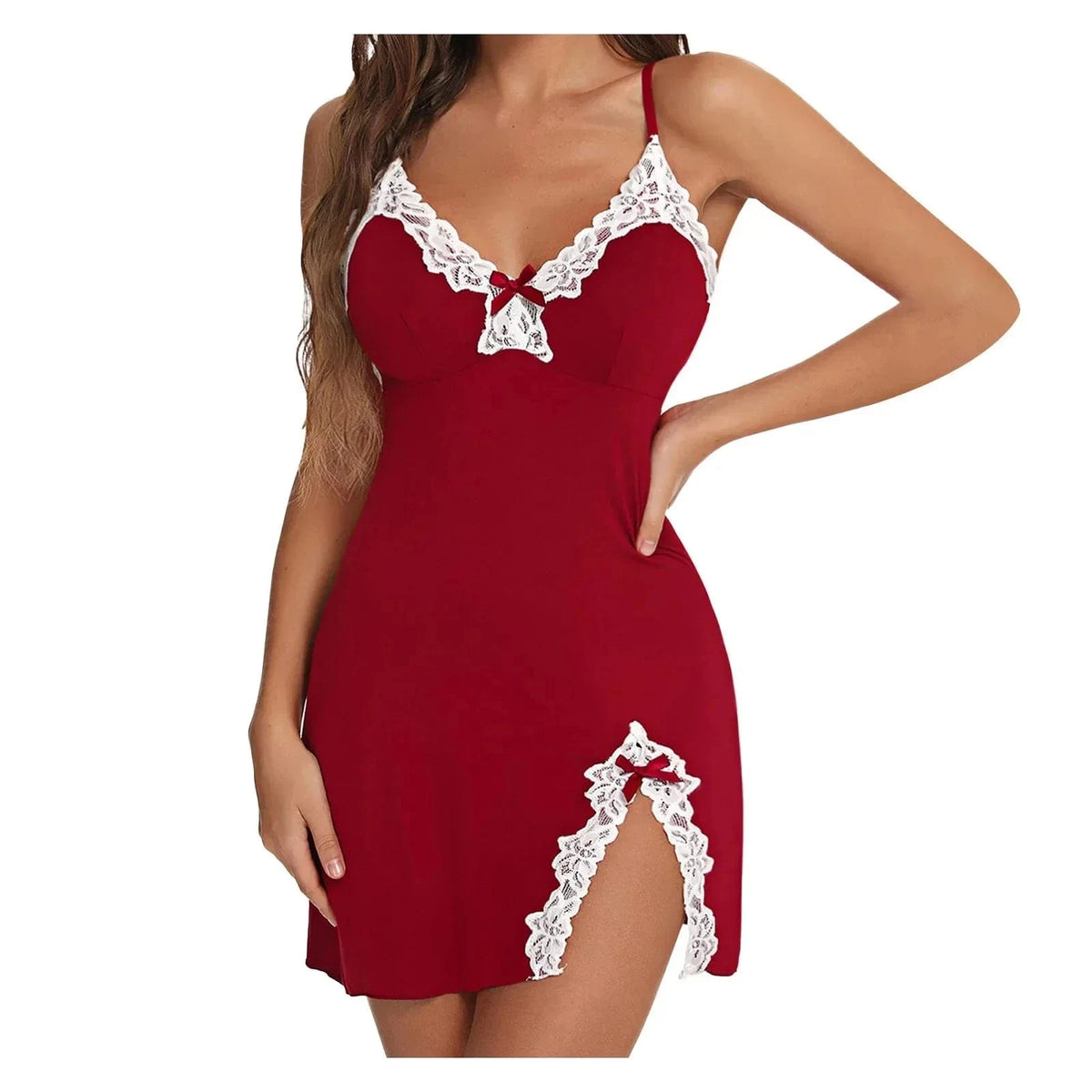 Sexy Sleepwear Women Lace Silk Satin V-Neck Nightgown Split Hem Soft Lingerie Night Dress Sleeveless Sleepwear Female Clothes - A-1 Thread Vault