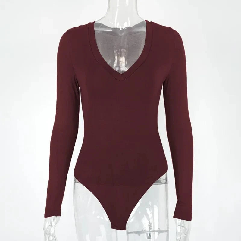 Sexy Solid Black White Bodysuit Women's V Neck Long Sleeve Slim Bodycon One Piece Jumpsuit Top - A-1 Thread Vault