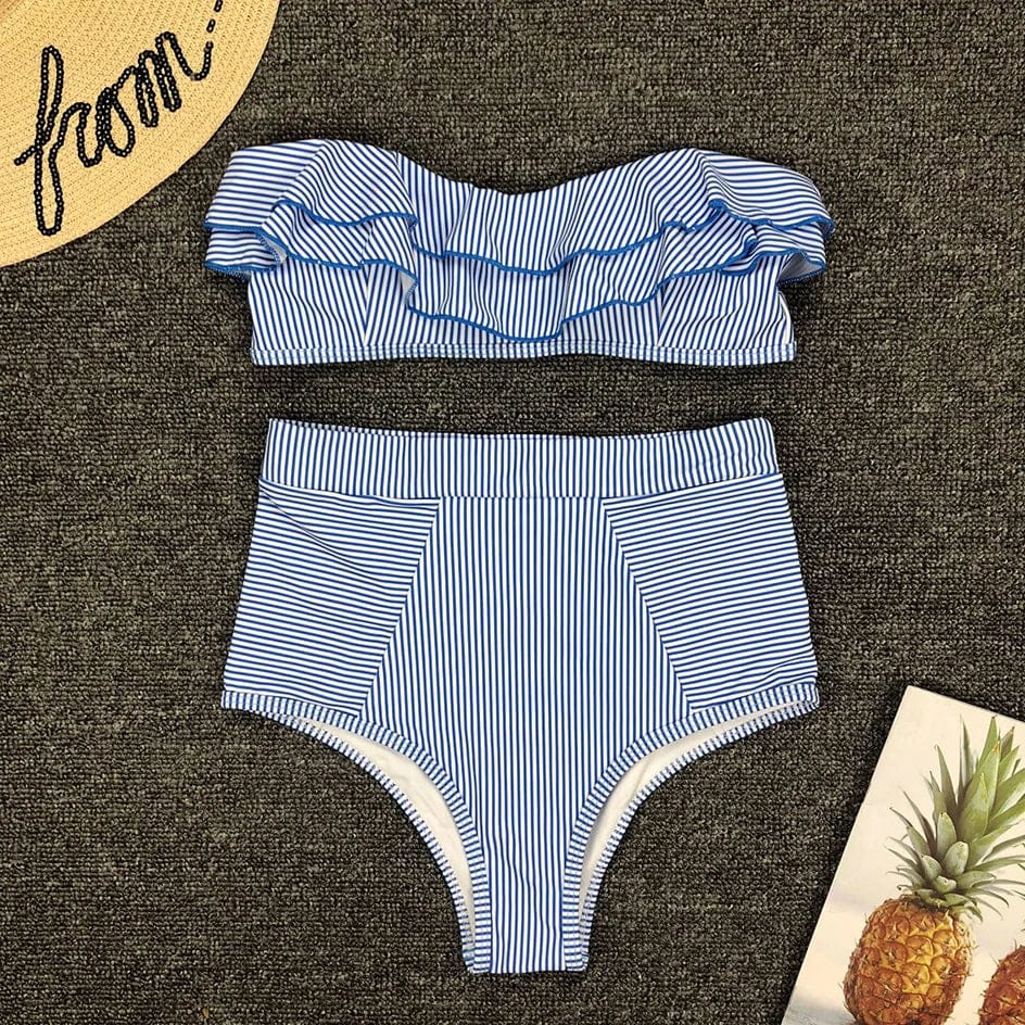 Sexy Striped Ruffled Bikini 2026 Bandeau Push Up Swimwear Women Swimsuit High Waist Bikinis Set Swimming for Women Bathing Suits - A-1 Thread Vault