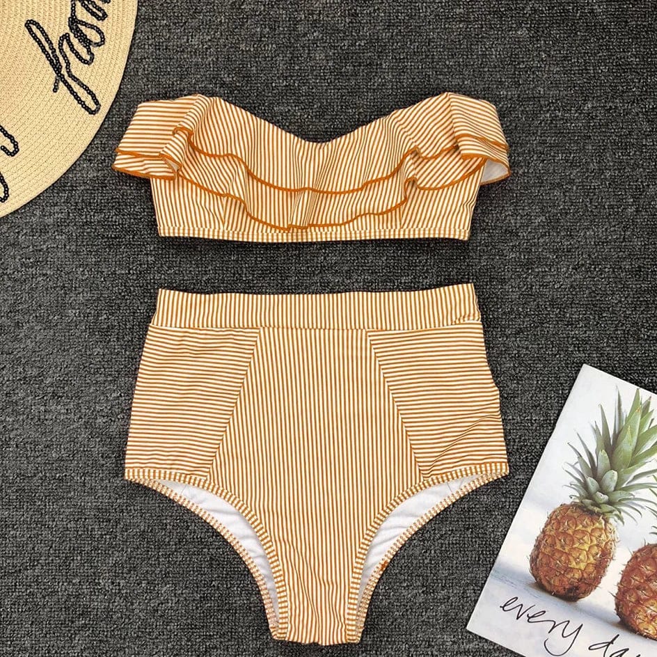 Sexy Striped Ruffled Bikini 2026 Bandeau Push Up Swimwear Women Swimsuit High Waist Bikinis Set Swimming for Women Bathing Suits - A-1 Thread Vault