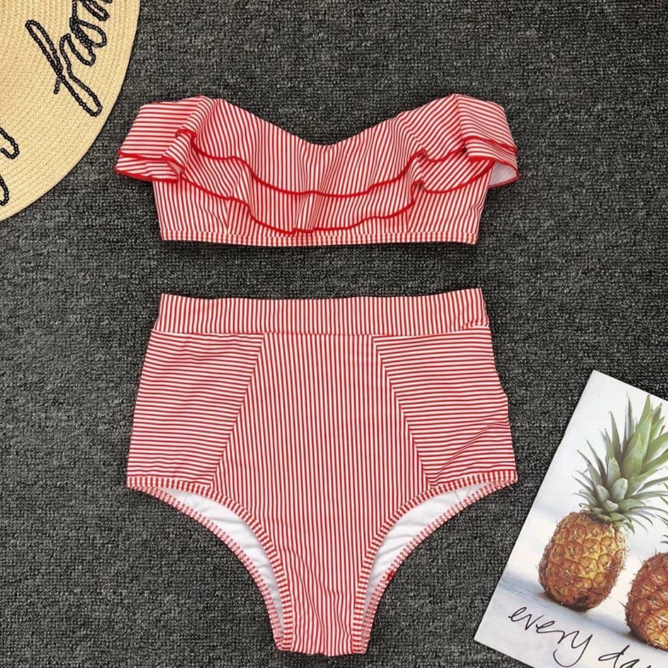 Sexy Striped Ruffled Bikini 2026 Bandeau Push Up Swimwear Women Swimsuit High Waist Bikinis Set Swimming for Women Bathing Suits - A-1 Thread Vault