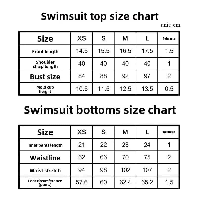A swimsuit size chart showing measurements in centimeters for both top and bottom pieces across XS, S, M, and L sizes.