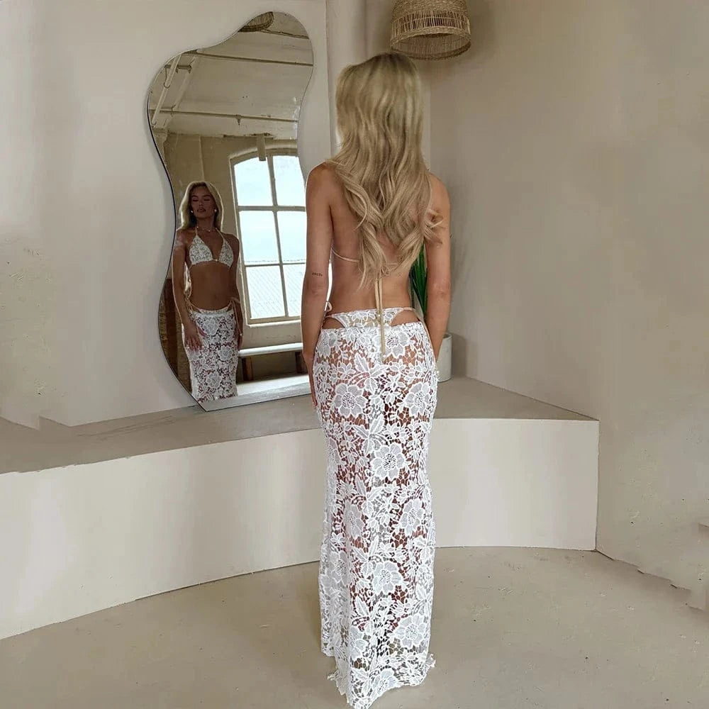 Sexy White Lace 3 Pieces Bikini 2025 Women Swimsuit Swimwear Long Sarong Cover Up Bikini Set Beachwear Bathing Suit Swimming - A-1 Thread Vault