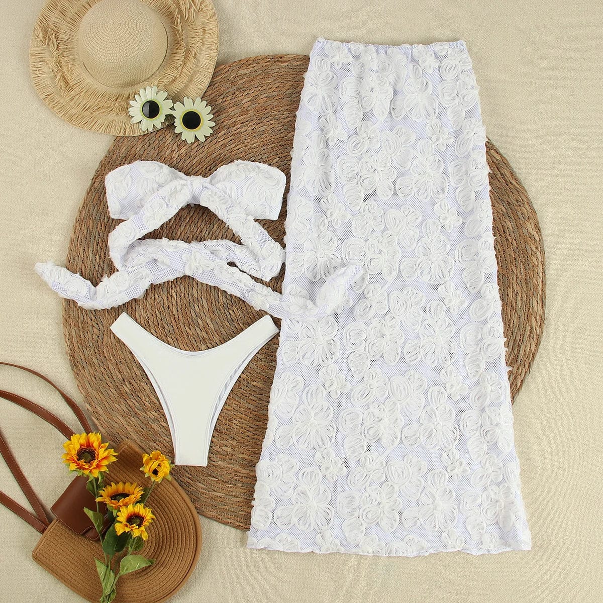 Sexy White Lace 3 pieces Bikinis Women Swimsuit 2024 Swimwear Bathing Suit Beachwear With Lace Skirt Bikini Set Biquini female - A-1 Thread Vault