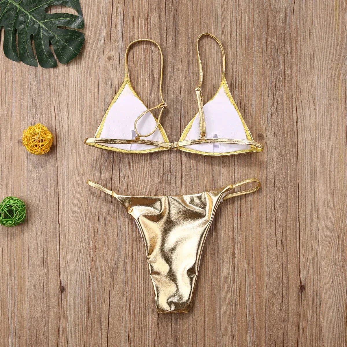 Sexy Women Gold Bikinis Set Hot Summer Padded Triangle Bra Low Waist Swim Bottoms Fashion Shiny Lady Bathing Suit Beachwear - A-1 Thread Vault