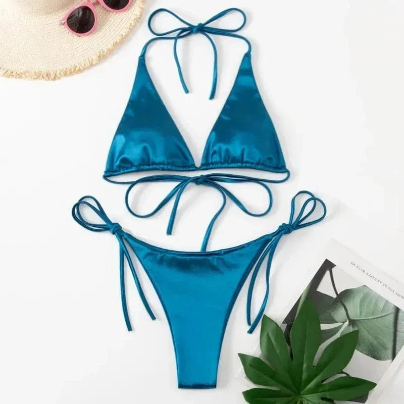 Sexy Women's Metallic Halter Top Two Piece Swimsuit Tie Side Triangle Bikini Summer Solid Bathing Suit Beachwear Bikini Set - A-1 Thread Vault