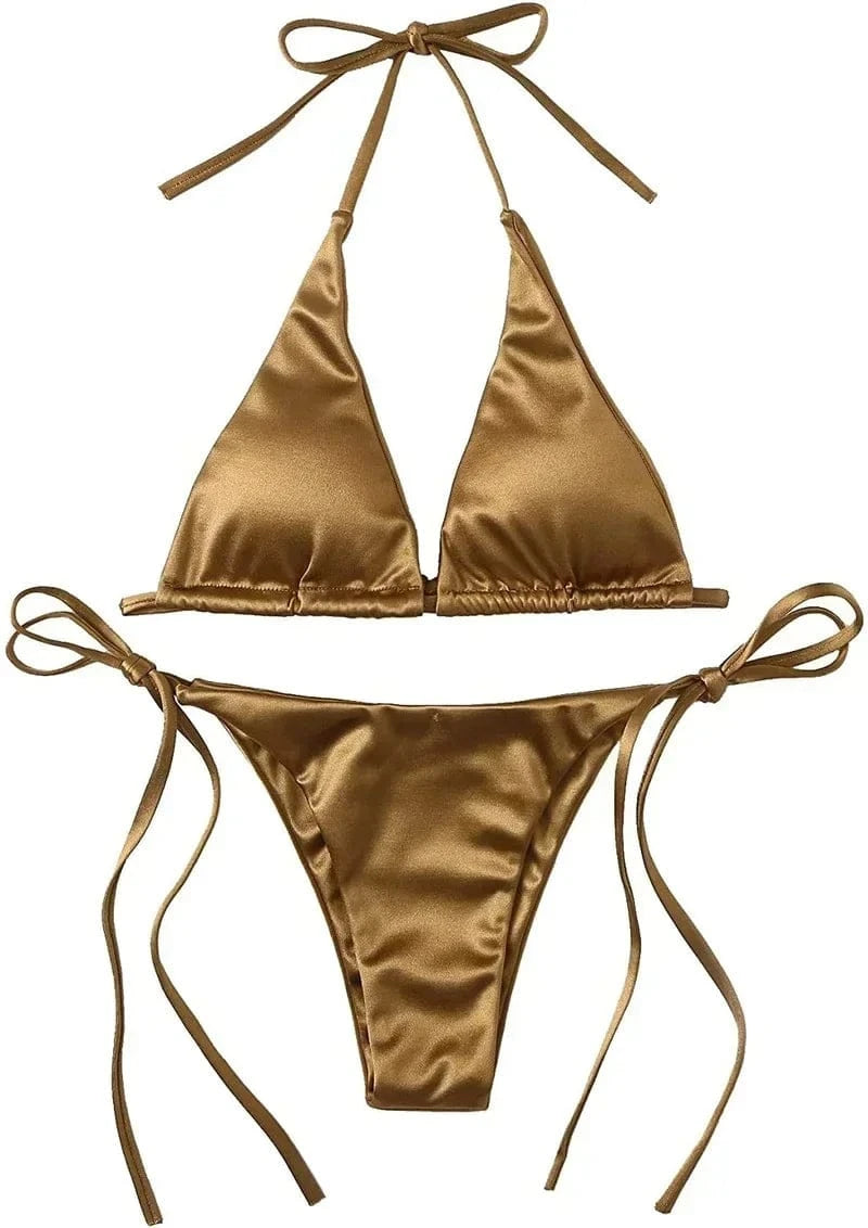 Sexy Women's Metallic Halter Top Two Piece Swimsuit Tie Side Triangle Bikini Summer Solid Bathing Suit Beachwear Bikini Set - A-1 Thread Vault