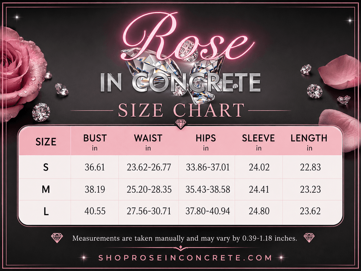 A size chart for clothing displays bust, waist, hips, sleeve, and length measurements in inches for small, medium, and large sizes against a black background with pink rose petals and diamond graphics.