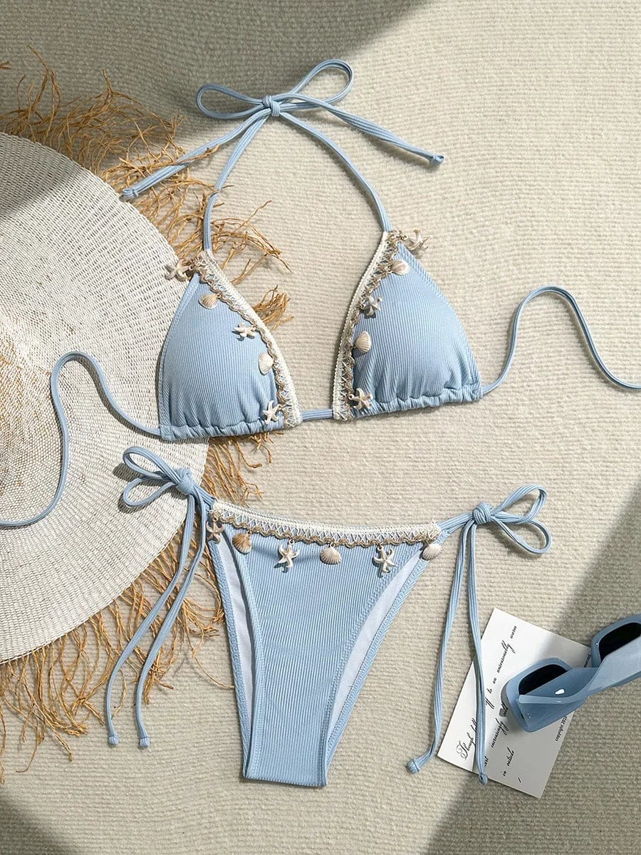 Shell Decoration Ribbed Bikini Women Swimwear Female Swimsuit Two-pieces Bikini Set Halter Strappy Bather Bathing Suit Swim Lady - A-1 Thread Vault