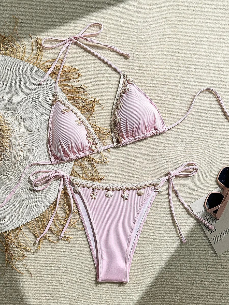Shell Decoration Ribbed Bikini Women Swimwear Female Swimsuit Two-pieces Bikini Set Halter Strappy Bather Bathing Suit Swim Lady - A-1 Thread Vault