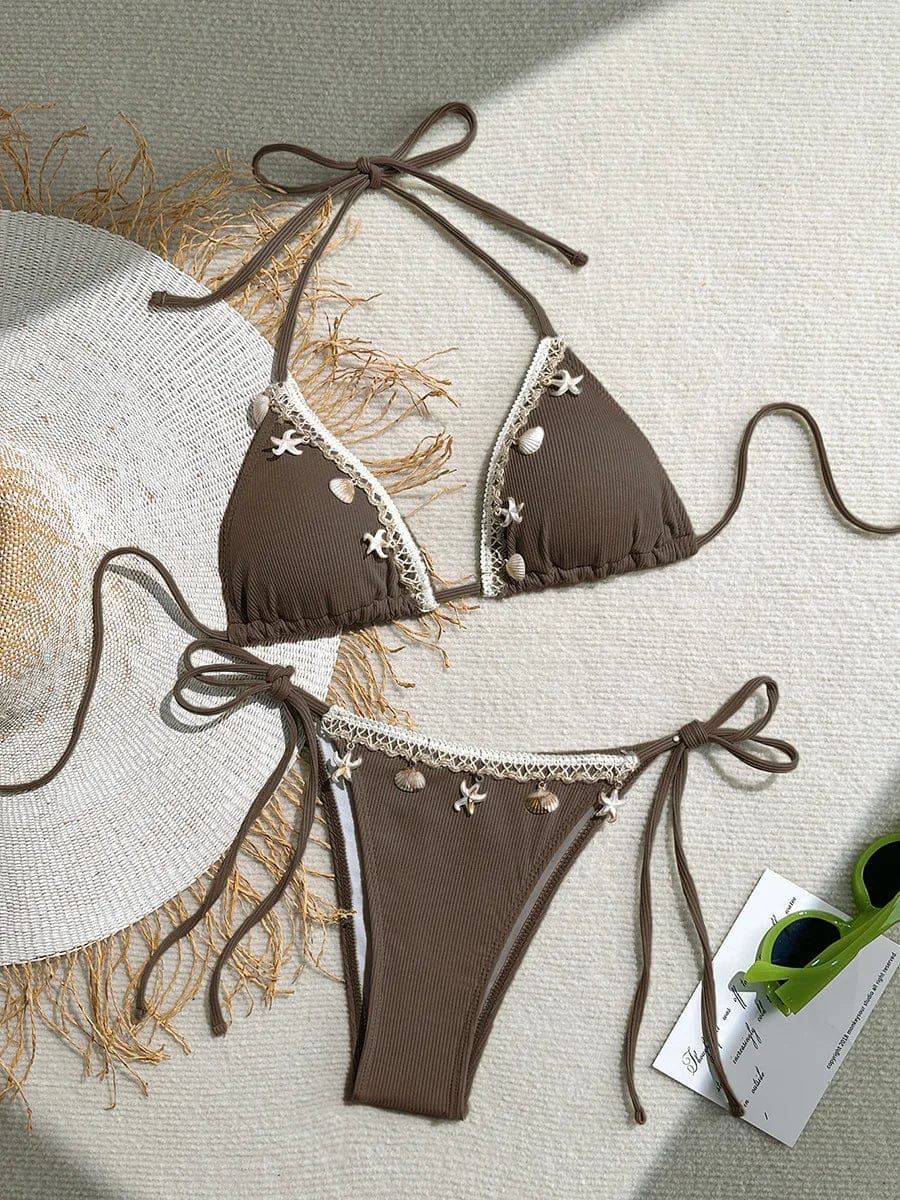 Shell Decoration Ribbed Bikini Women Swimwear Female Swimsuit Two-pieces Bikini Set Halter Strappy Bather Bathing Suit Swim Lady - A-1 Thread Vault