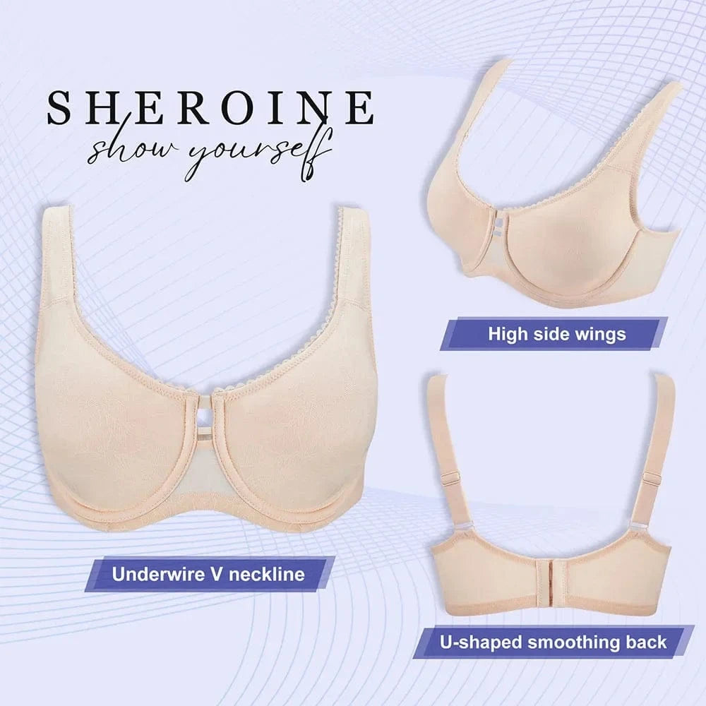 Sheroine Plus Size Underwire Bra Full Coverage Support, Comfortable Lace for Women Unpadded Large Bust Minimizer with Wide Strap - A-1 Thread Vault