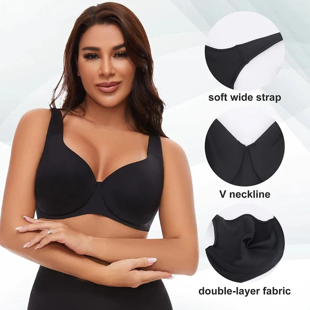A model wearing a solid black bra with wide straps and a deep V-neckline, accompanied by zoomed-in circular callouts showing the strap, neckline, and double-layer fabric texture.