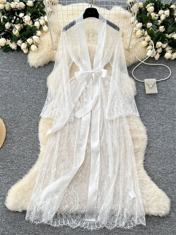 SINGREINY Elegant Sheer Caridigan Long Robes Female Lace Up Solid Long Sleeve Robes Fashion Women Transparent Lace Sensual Robes - A-1 Thread Vault
