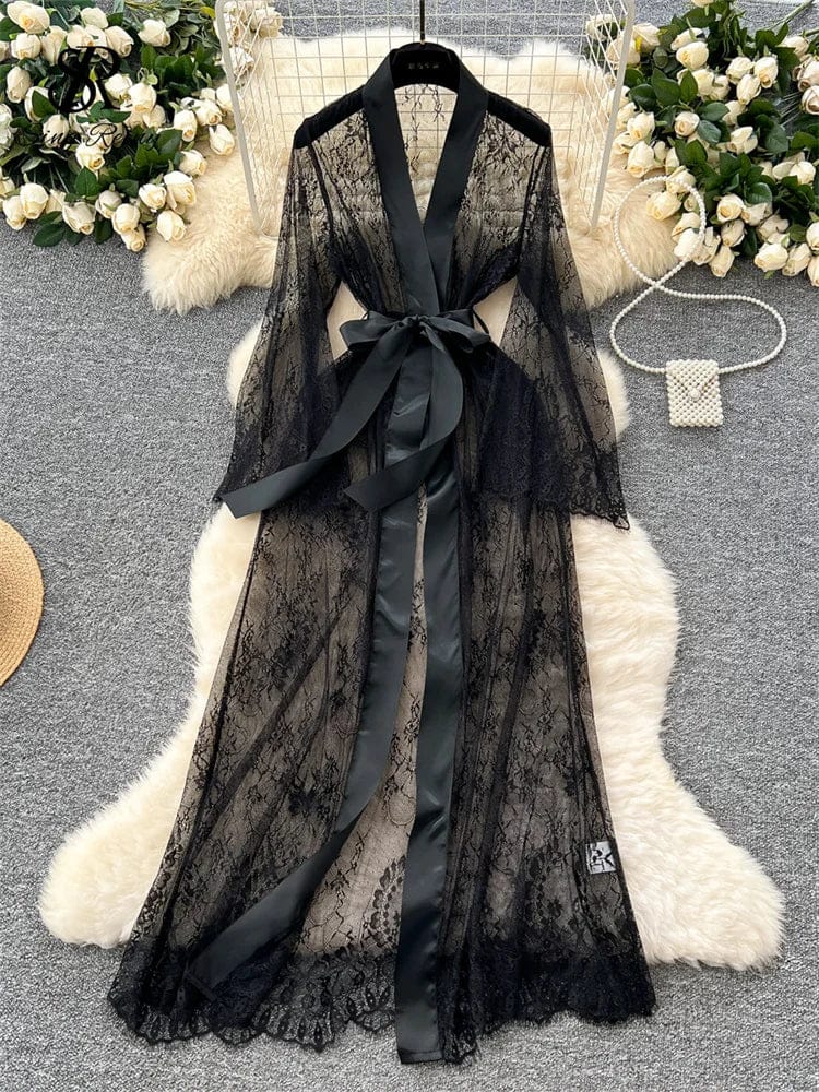 SINGREINY Elegant Sheer Caridigan Long Robes Female Lace Up Solid Long Sleeve Robes Fashion Women Transparent Lace Sensual Robes - A-1 Thread Vault
