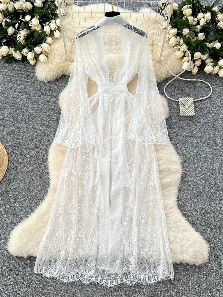 SINGREINY Elegant Sheer Caridigan Long Robes Female Lace Up Solid Long Sleeve Robes Fashion Women Transparent Lace Sensual Robes - A-1 Thread Vault