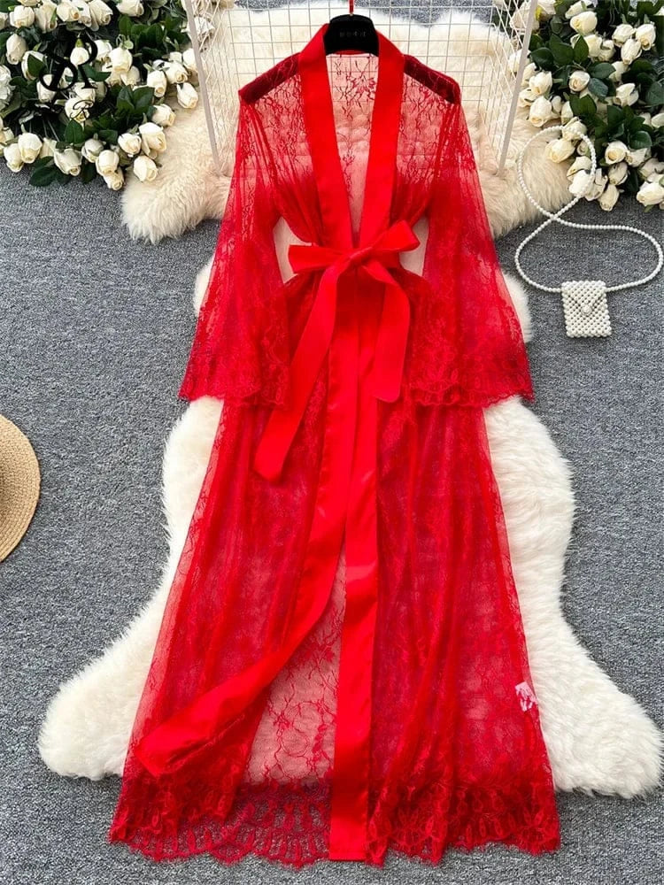 SINGREINY Elegant Sheer Caridigan Long Robes Female Lace Up Solid Long Sleeve Robes Fashion Women Transparent Lace Sensual Robes - A-1 Thread Vault