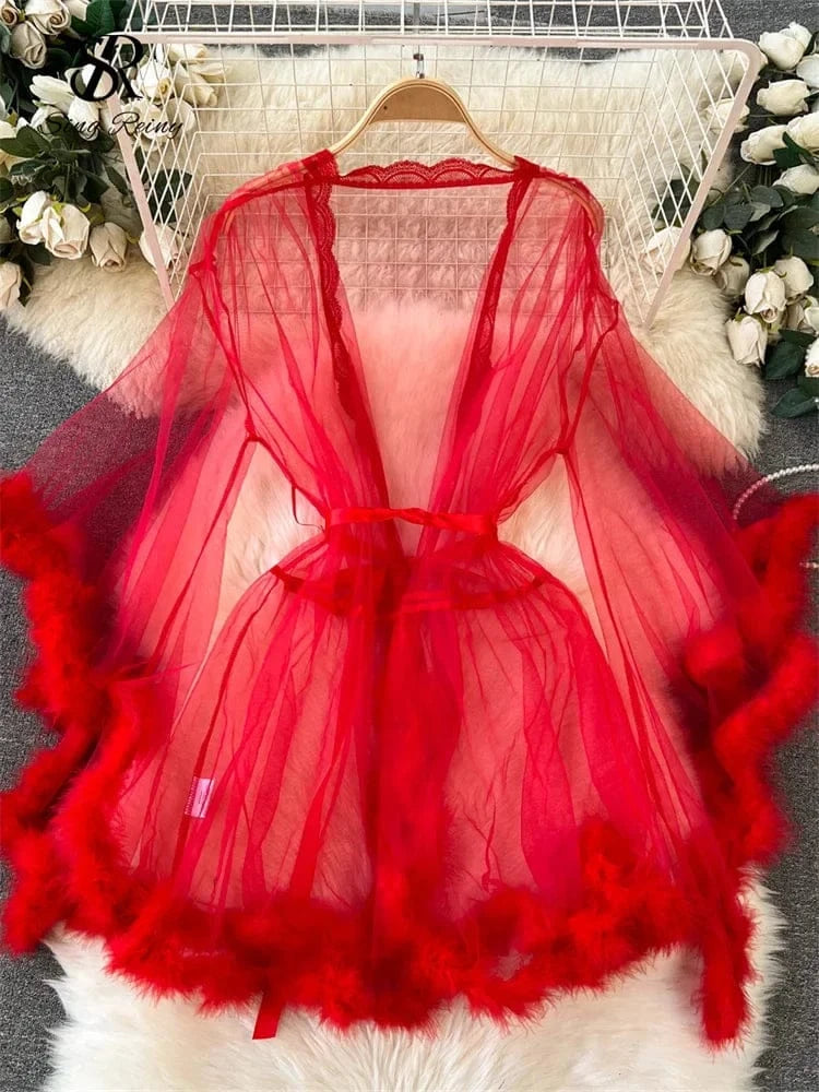 SINGREINY Female Sheer Shapewear Robes Fashoin Long Sleeve Plush Spliced Thin Lingerie Women Lace Up Erotic Midi Long Sexy Robes - A-1 Thread Vault