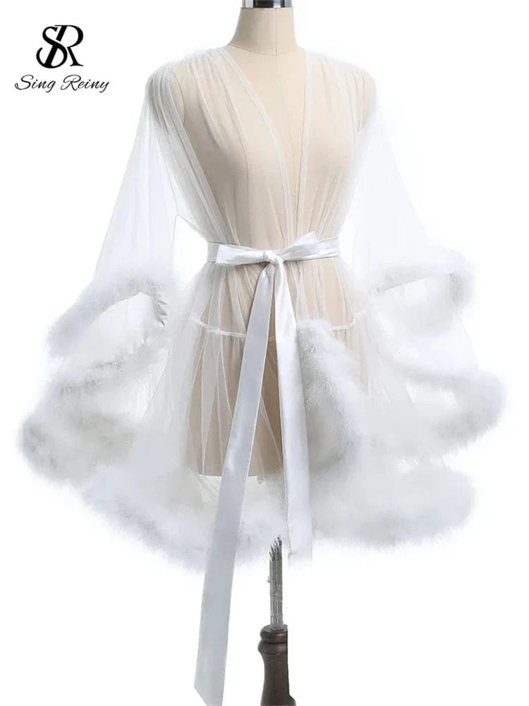 SINGREINY Female Sheer Shapewear Robes Fashoin Long Sleeve Plush Spliced Thin Lingerie Women Lace Up Erotic Midi Long Sexy Robes - A-1 Thread Vault