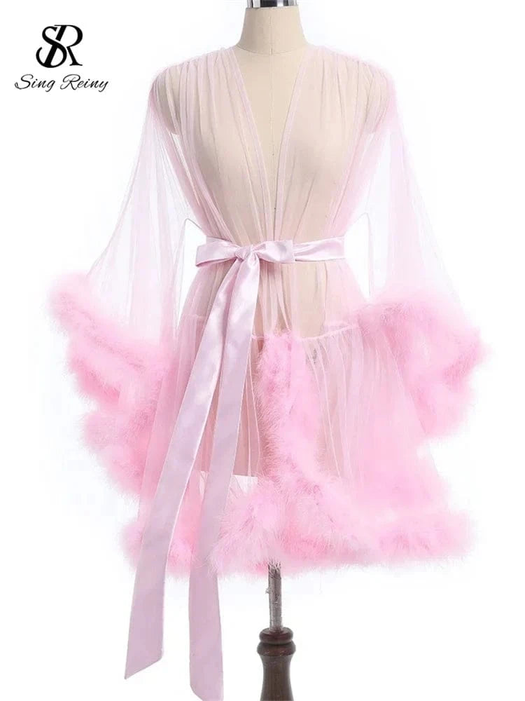 SINGREINY Female Sheer Shapewear Robes Fashoin Long Sleeve Plush Spliced Thin Lingerie Women Lace Up Erotic Midi Long Sexy Robes - A-1 Thread Vault