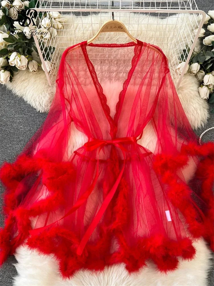 SINGREINY Female Sheer Shapewear Robes Fashoin Long Sleeve Plush Spliced Thin Lingerie Women Lace Up Erotic Midi Long Sexy Robes - A-1 Thread Vault