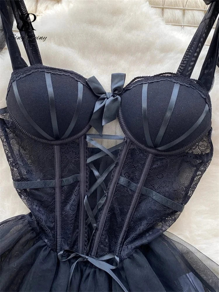 SINGREINY Sexy Role Play Wedding Dress Female Spaghetti Strap Sheath Sleepwear Nightwear Women Lace Spliced Gauze Erotic Pajamas - A-1 Thread Vault