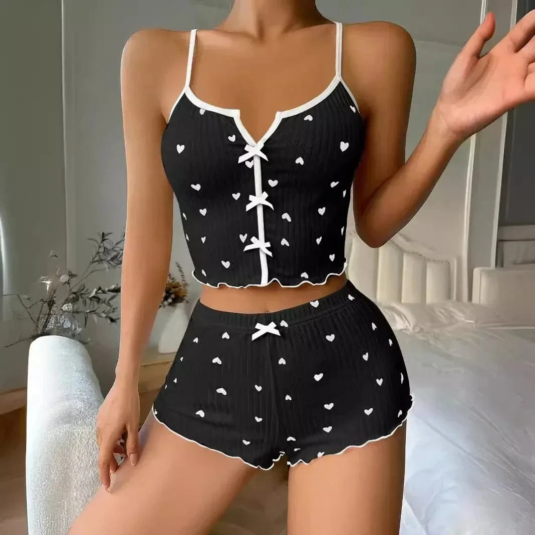 Sleepwear Women Pajamas Set Heart Print Soft Ribbed Fabric with Flirty Frill Trim Casual Cami Top and Shorts Sets Loungewear - A-1 Thread Vault